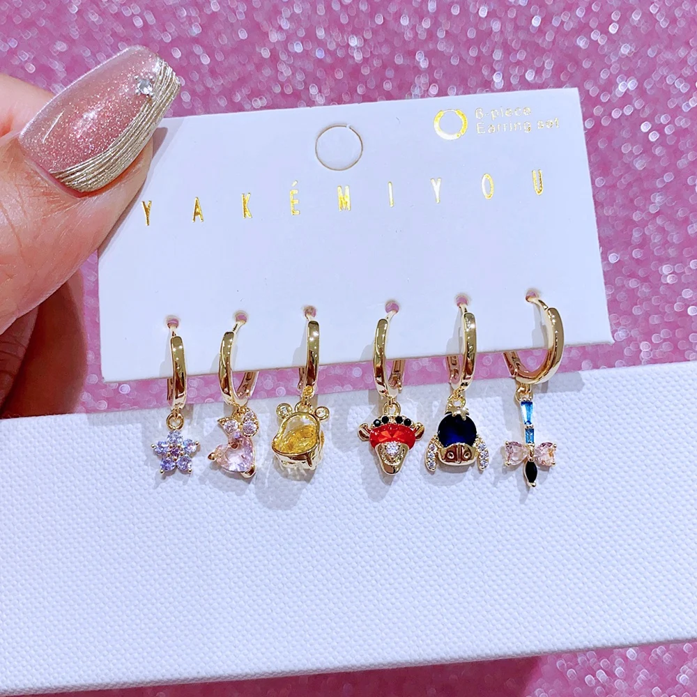 MIGGA 6pcs Mix and Match Crystal Cartoon Bear Dangle Earrings Set Gold Color Plated Women Girls Gift Jewelry