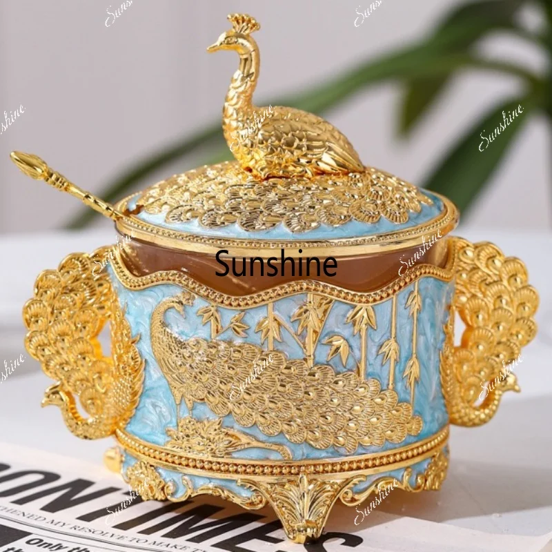 European Style Sugar Jar,Alloy With lid Peacock Shape Seasoning Container Salt Organizer,Coffee Beans Jar,Kitchen Decorative