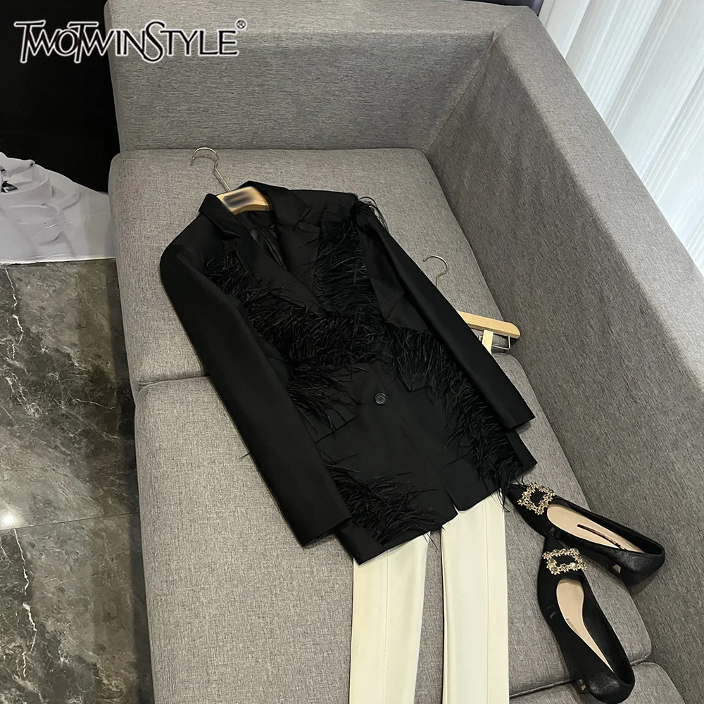 TWOTWINSTYLE Temperament Solid Blazers For Women Lapel Long Sleeve Spliced Feather Elegant Jacket Female Fashion New KJA549968