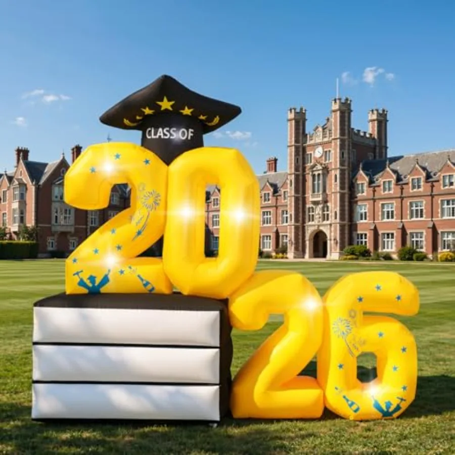 

Graduation outdoor inflatable marquee decoration, PVC material, white with blue accents, weather-resistant and LED-lit for nigh