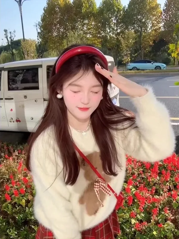 달콤하고 부드러운 캐미어 베어 니트 스웨터 여성용 오버헤드 스몰 사이즈 이너 니트 가을 겨울 상의