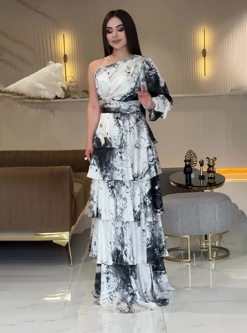 2026 nova impressão mulher camadas vestido de festa um ombro mangas compridas cintura fina elegante maxi vestidos imagem real