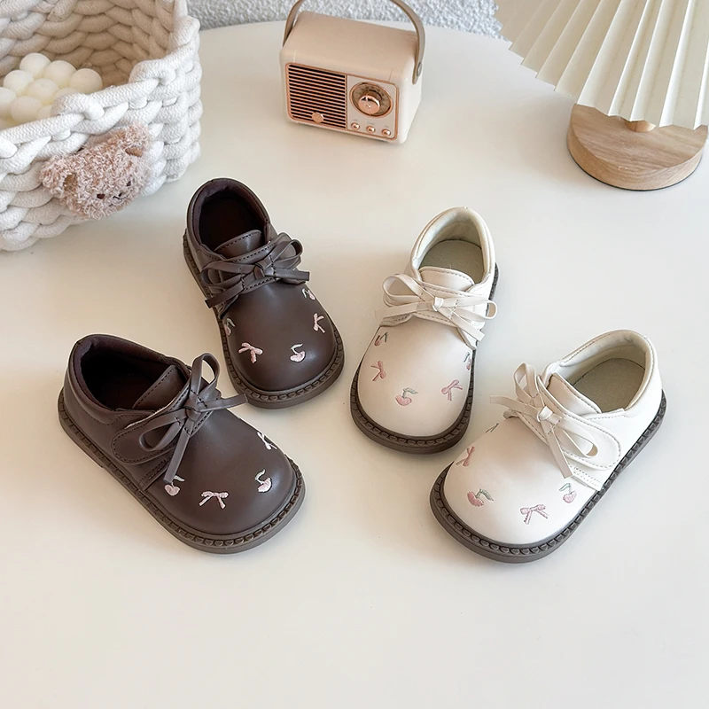 

Spring Girl's Loafers Bowknot Cherry Hook-loop Cute Kid's Flat Shoe Solid Colors Lovely Comfy Charming Chic Children Shoes 4-6Y