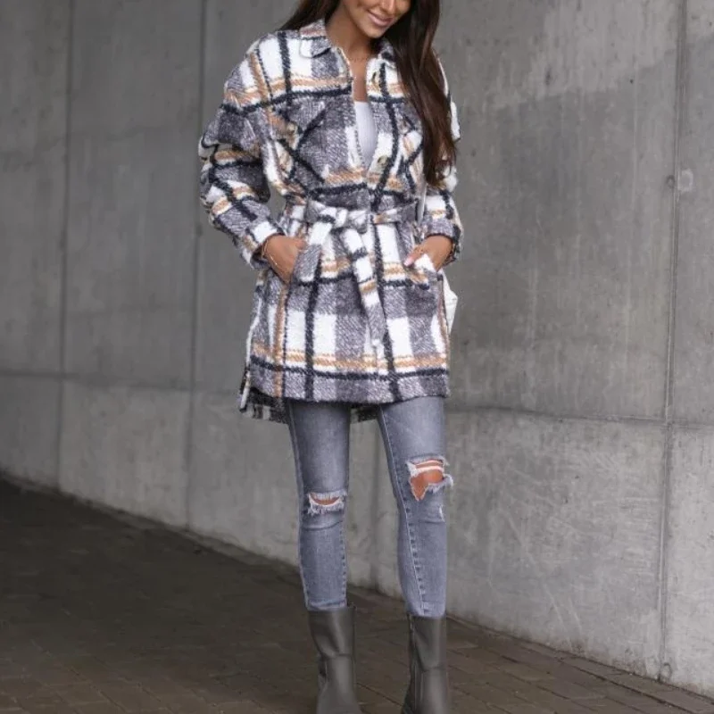 2023 autunno e inverno moda Strappy Plaid cappotto di lana risvolto monopetto temperamento di media lunghezza abbigliamento Casual da donna