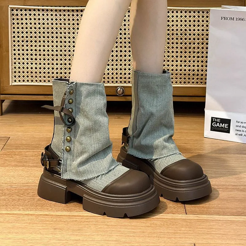 Cowboy pants tube boots female thick bottom small British style Martin boots 2024 new summer models retro stacked short boots