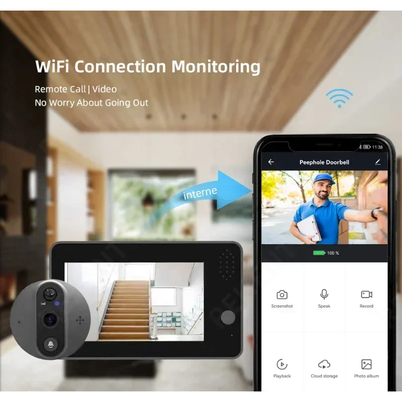 กล้องวงจรปิดออดแบบวิดีโอ WiFi ความละเอียด 1080P, หน้าจอ FHD 4.3 นิ้ว, ระบบรักษาความปลอดภัยบ้าน, เสียงสองทาง, ระบบมองกลางคืน, กล้องมองช่องประตู