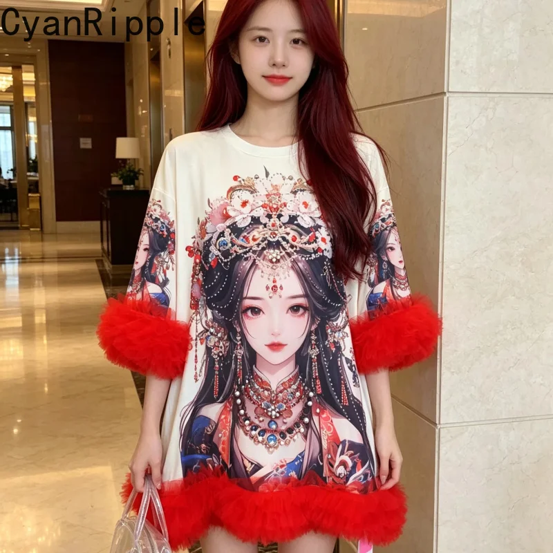 Vintage Beauty Printing Mid-long Women T-shirt Sweet Princess Dress All-match Round Neck Summer Mesh Lace Half Sleeve Tops