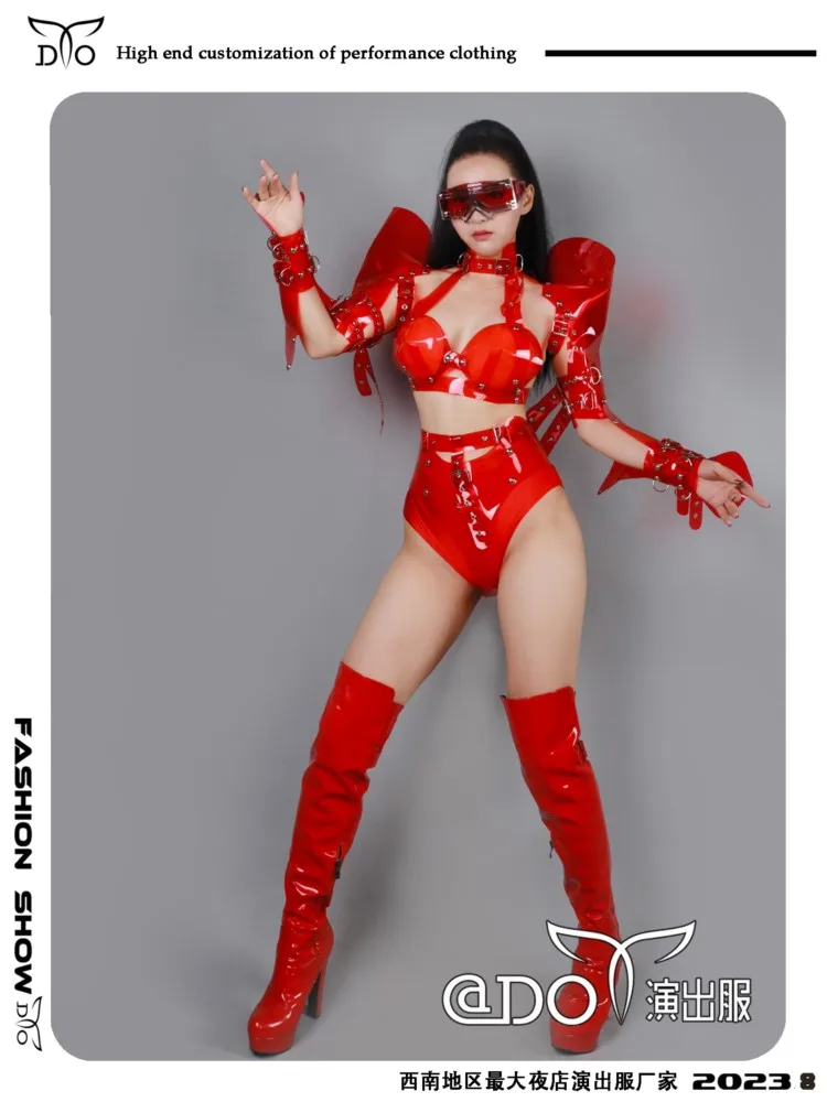 Pvc レザーナイトクラブバーゴーゴー女性のセクシーな透明な赤いリベット誇張 DS 女性歌手のパフォーマンスドレス