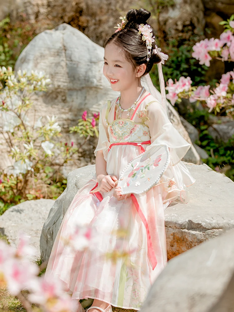 Hanfu ชุดเดรสฤดูร้อนของเด็กผู้หญิงใหม่2024สไตล์โบราณกระโปรงปักสไตล์เด็กผู้หญิงตัวเล็กชุดจีนสไตล์จีน