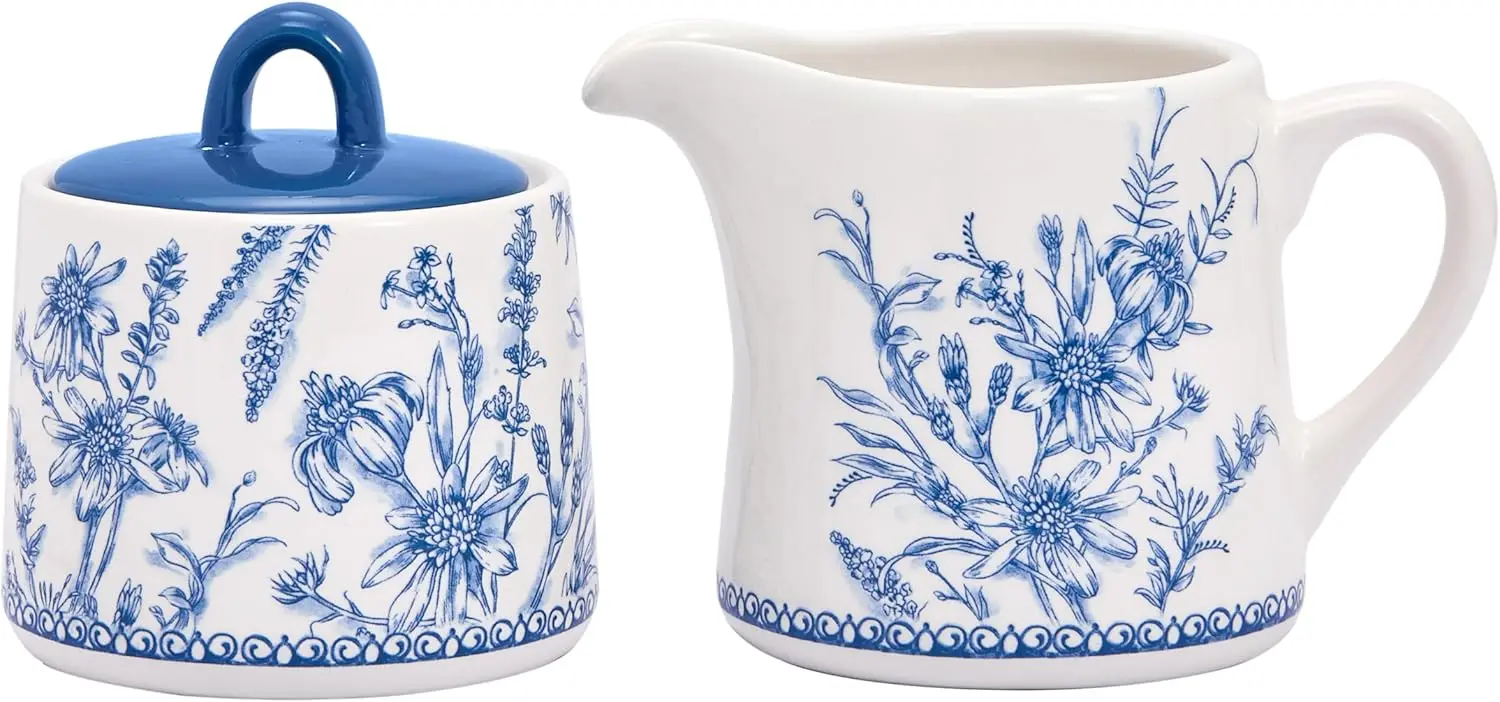 

Blue Garden Toile De Jouy Ceramic Sugar and Creamer Set with Lid, 11oz Sugar Bowl and 14oz Creamer for Coffee Bar, Kitchen