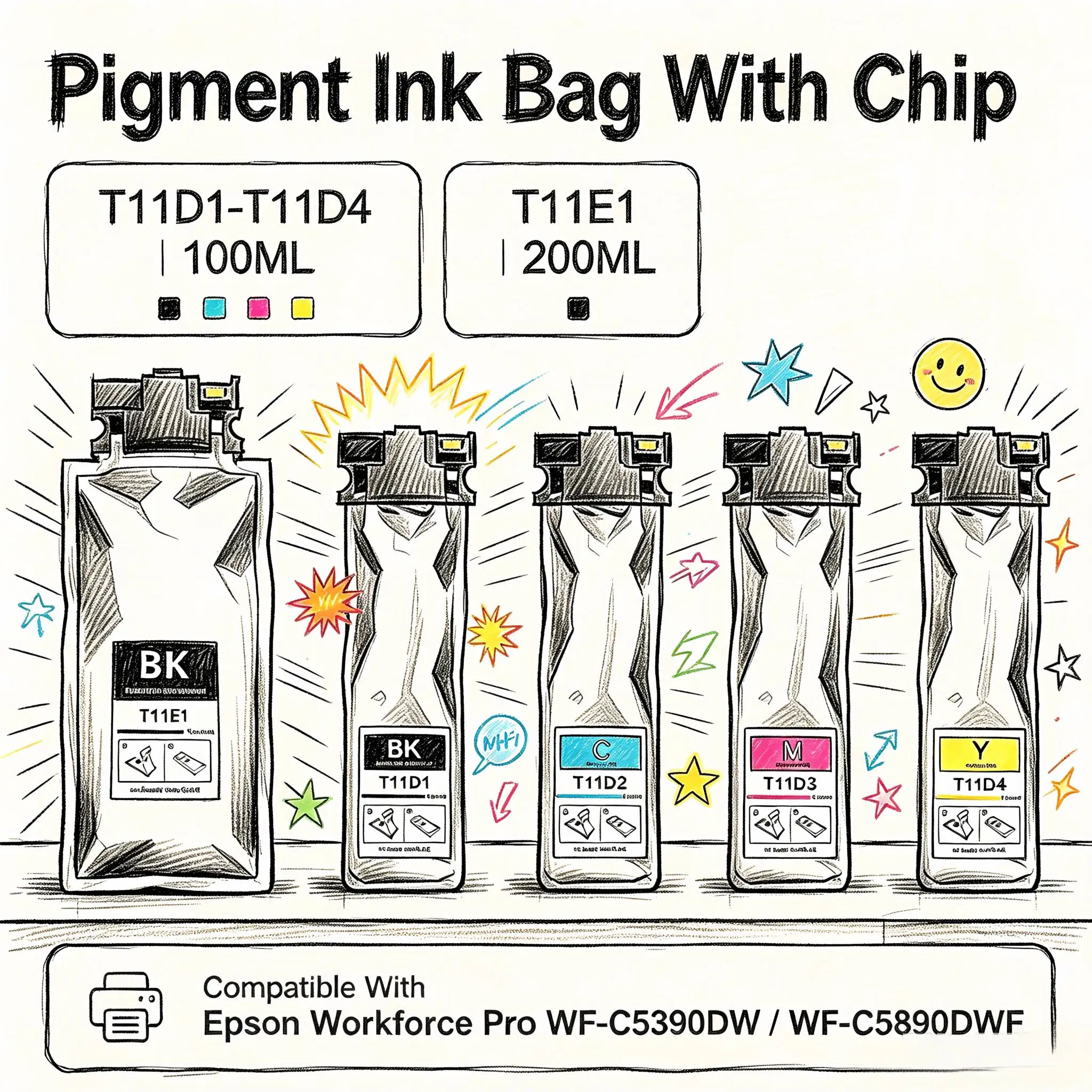 Ink Bag With Chip For Epson WorkForce Pro WF-C5890DWF WF-C5390DWF WF-C5890 WF-C5390 With Full Pigment Ink T11D T11E1 T11D1-T11D4