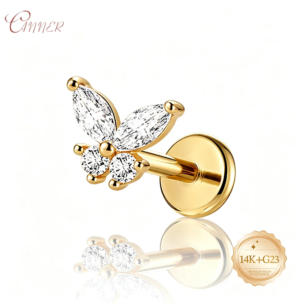 CANNER 14K Solid Gold G23 Titanium Flower Threadless Earring Piercing Butterfly Pin Daith Conch Push in Labret Classic Stud Gift