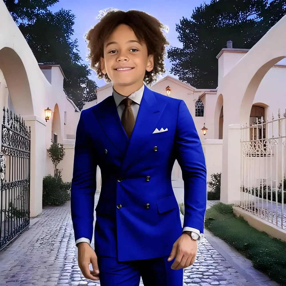 Flower Boy's Elegant 2-Piece Suit Set Slim Fit Double Breasted Tuxedo Jacket with Pants for Party Prom Formal Occasions