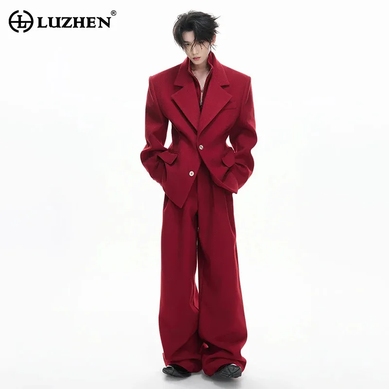 LUZHEN 2026 New Stylish Elegant Temperament Solid Color Blazer Coat Men's Handsome Loose Straight Casual Wide Leg Pants JY6083