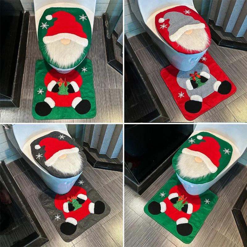 

Christmas Toilet Seat Cover Set Faceless Santa Pattern Bathroom Mat Absorbent Rug Home Hotel Xmas Holiday Washroom Decoration