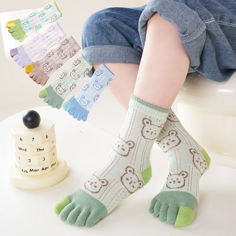 

5 пар детских сетчатых носков с раздельными пальцами, летние, с милым мультяшным рисунком головы медведя, тонкие, из стеклянного шелка и хлопка, для мальчиков и девочек