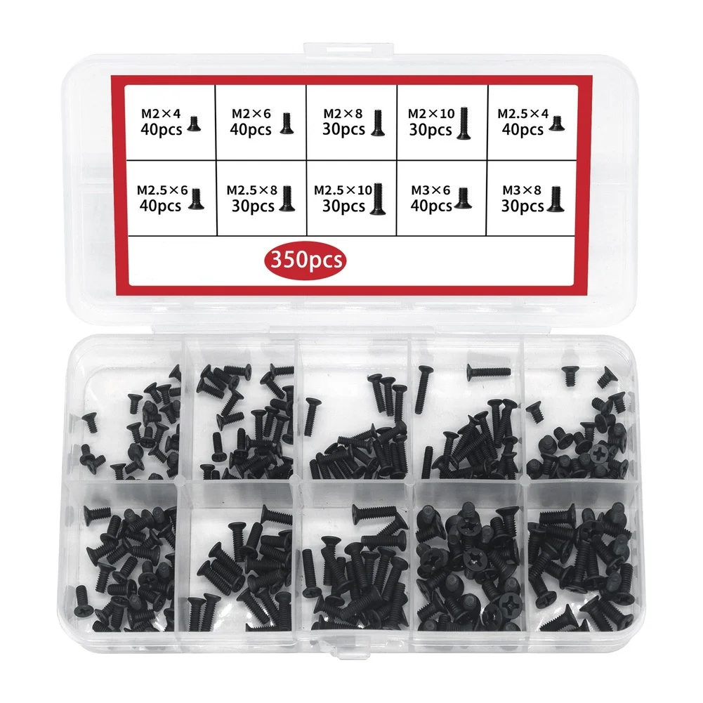 350pcs Black Carbon Steel Flat Head Self Tapping Screws M2 M2.5 For M3 for Secure Fastening in Different Materials