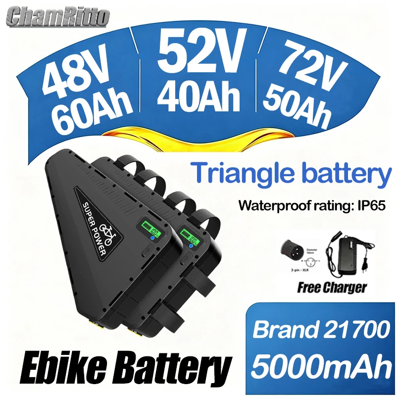 

48v52v ebike cham rider battery 30 40 50ah 60ah Triangle Electric Bicycle battery 60v 72v 2000w 3000w waterproof lithium battery