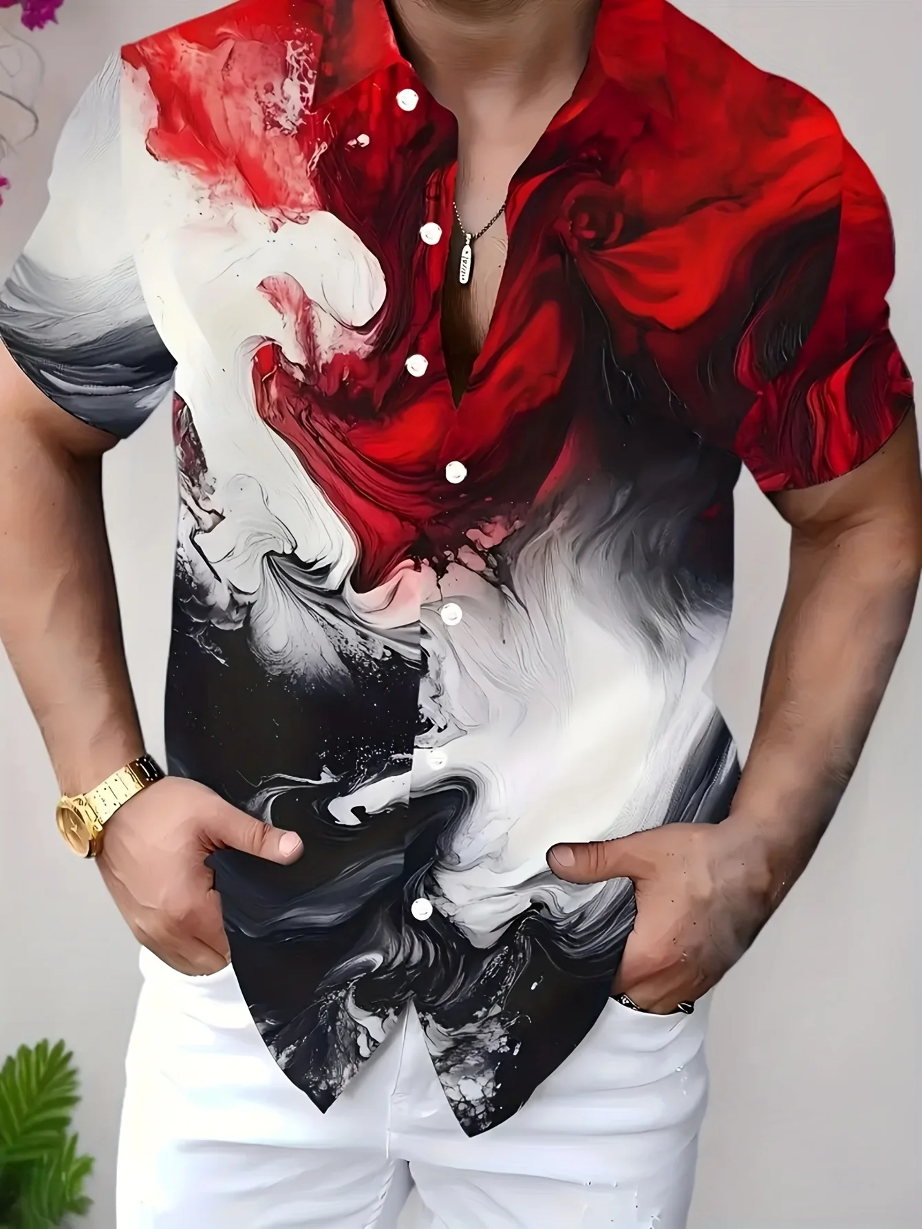 New Trendy Men Shirt Ink Swirl Red Black White Gradient Print Camp Collar Short Sleeve Loose Cut Art Casual Hangouts Man Apparel