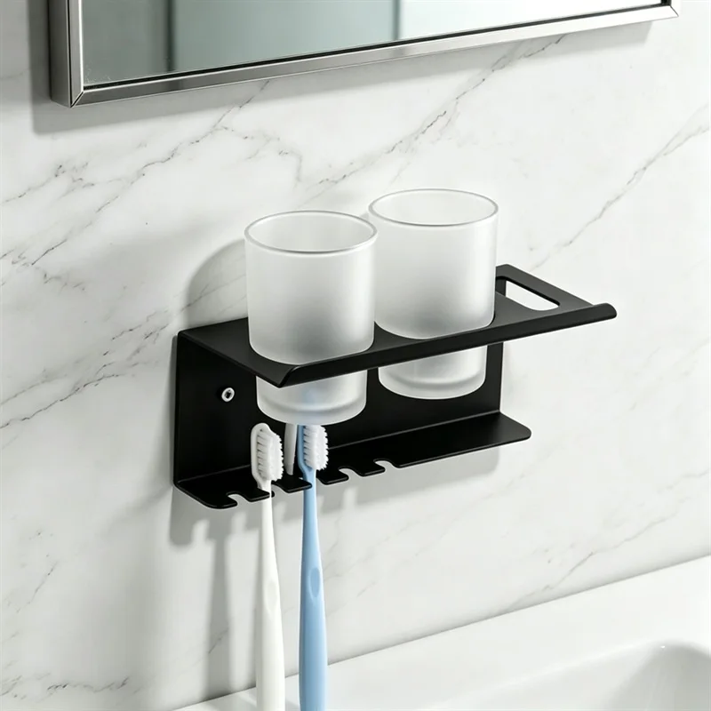 No Drill Aluminum Toothbrush Rack Bathroom Toothpaste Cup Holder Wall Mount Organizer