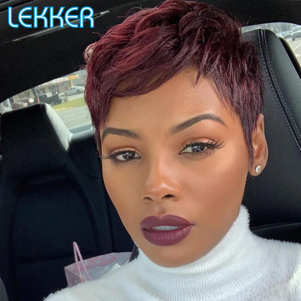 Lekker 99j Red Short Pixie Cut Bob Human Hair Wigs For Women Brazilian Remy Hair Colored Ombre Burg  613 Blonde Glueless Wigs