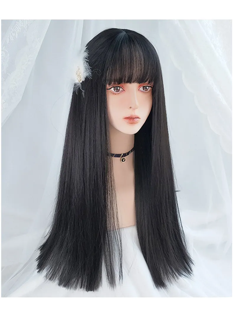 

Cosplay wig black long straight hair female comic Qi bangs full headgear black daily