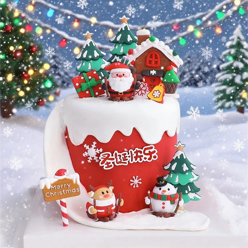 Weihnachtskuchen-Topper – Weihnachtsmann, Schneemann, Elch, Schlitten, Baumschmuck für frohe Weihnachten 2026 und Neujahrspartys