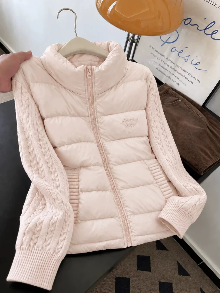 Coat Women Gentle Stand Collar Short Padded Cable Patchwork Long Sleeve Letter Logo Minimalist Slimming Autumn Winter Outerwear