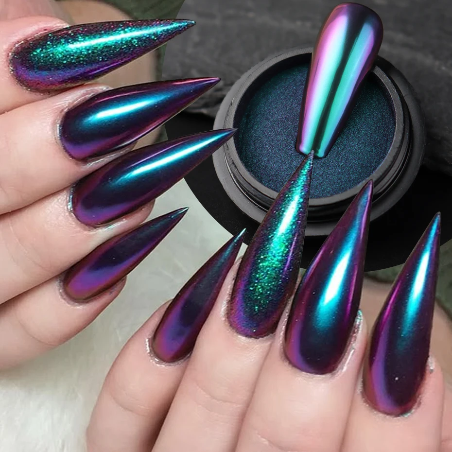 1 Box Chameleon Chrome Nail Art Powder with 1 Brush Gradient Purple Blue Y2K Magic Mirror Nail Glitter Rubbing Dust Charms
