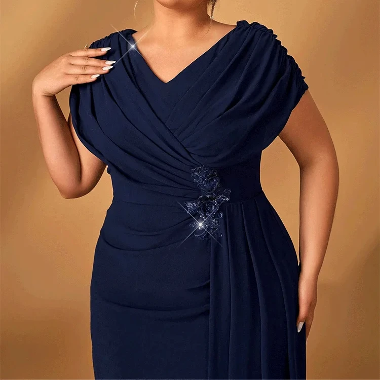 Plus Size Luxury Mom Evening Dresses Wedding Reception Party Luxury Shiny Plus Size Chiffon Mother Navy Blue Evening Dress