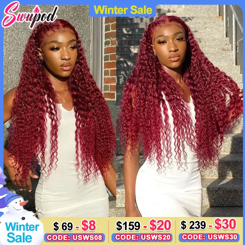 

Swupod 13x4 13x6 220 Density Transparent HD Lace Front Wig for Women Deep Wave Frontal Human Hair 99J Burgundy Color Glueless