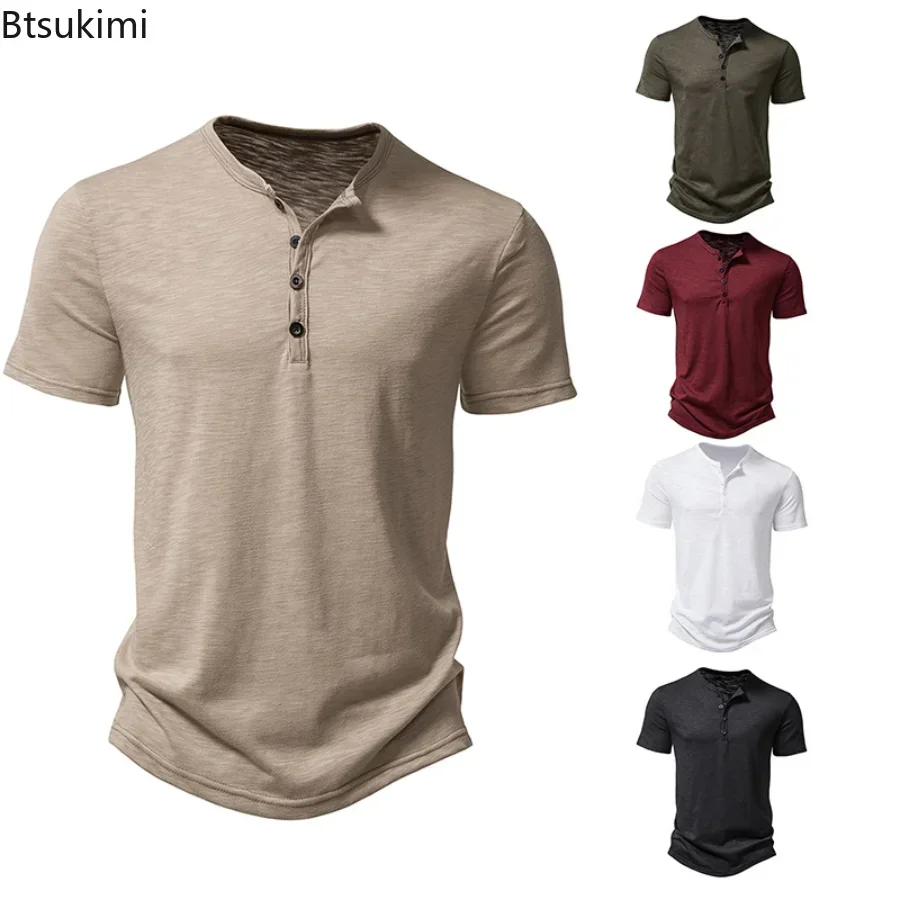 

New 2025 Men's Casual Bamboo Cotton Tee Shirts Solid Short Sleeve Polo T-Shirts Male Button Neck Summer Loose Shirts Tops Men