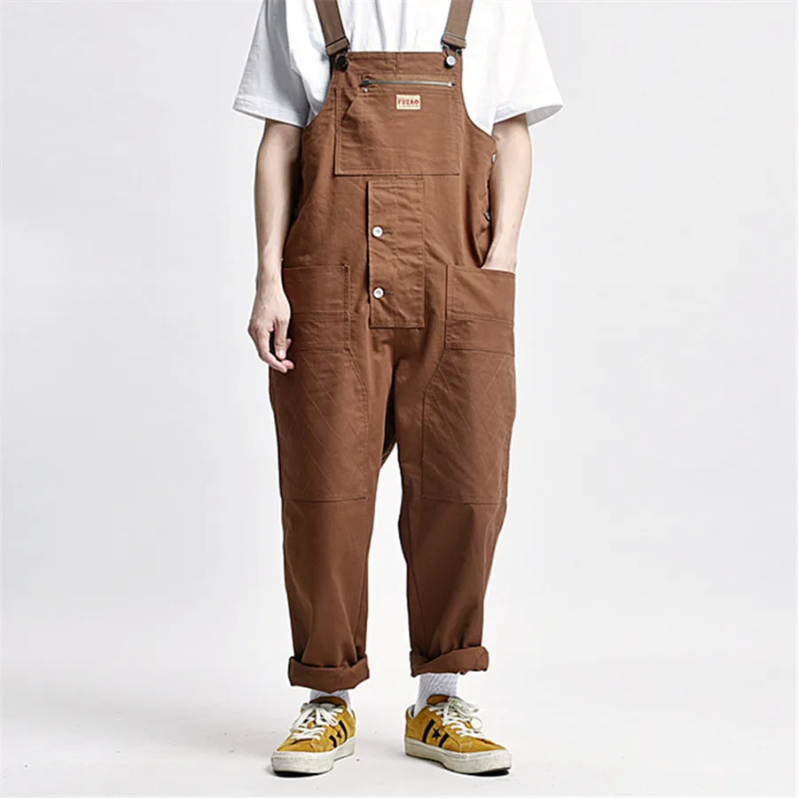 2024 New Men's Jumpsuit Casual Streetwear Retro Solid Color Overalls Multi-Pocket Loose Suspenders Baggy Work Wear Cargo Pants