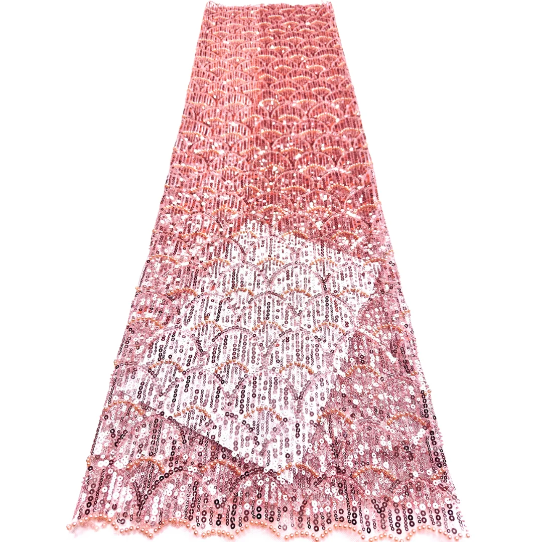 Latest Classic French Mesh Lace Fabric Fish Scale Sequins Beaded Embroidery Net Lace for Wedding Evening Party Dress Sewing