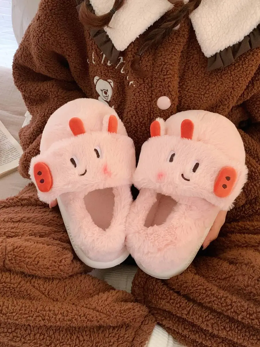 Ins Pink And Tender Pig Cotton Slippers For Women indoor household Anti Slip Heel Cute Winter Home Slippers