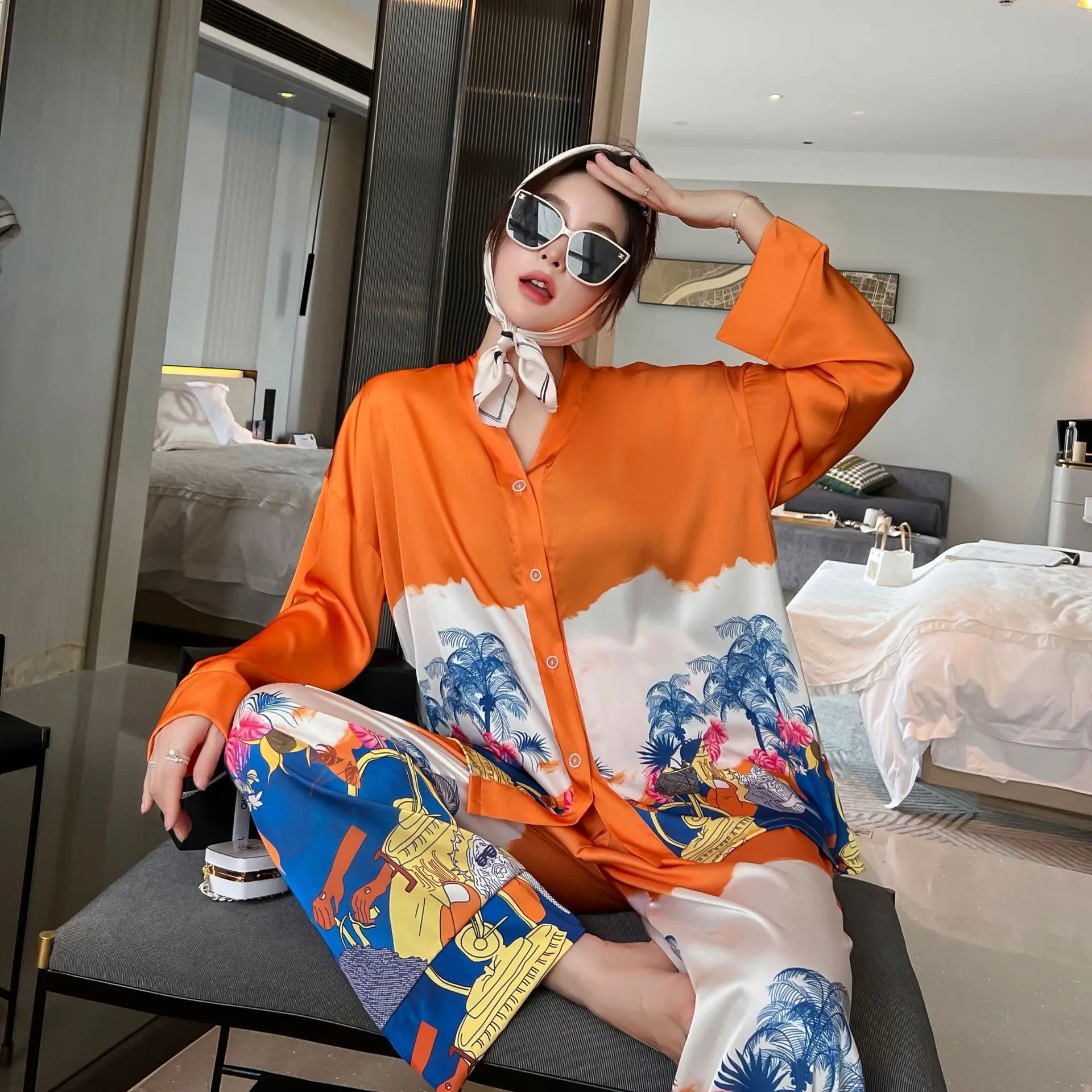 QSROCIO NEW Women's Pajamas Set Luxury Orange Coconut Print Sleepwear Silk Like Homewear V Neck Nightwear Leisure Loungewear