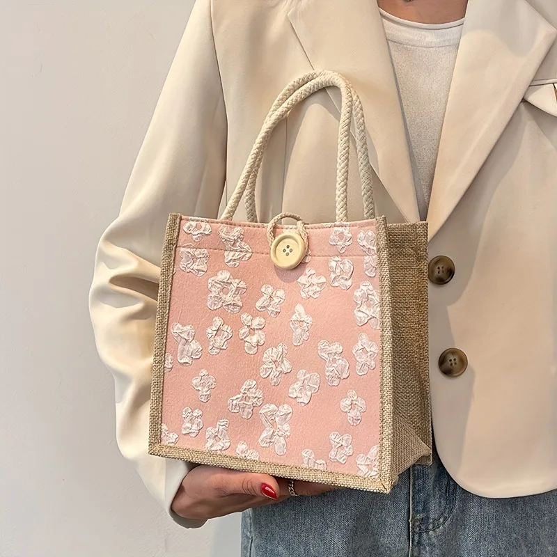 Casual Linen Tote Bag for Women, Japanese Style Fabric Handbag, with Buckle Closure, Hand Washable for Box, Students, Diaper Bag