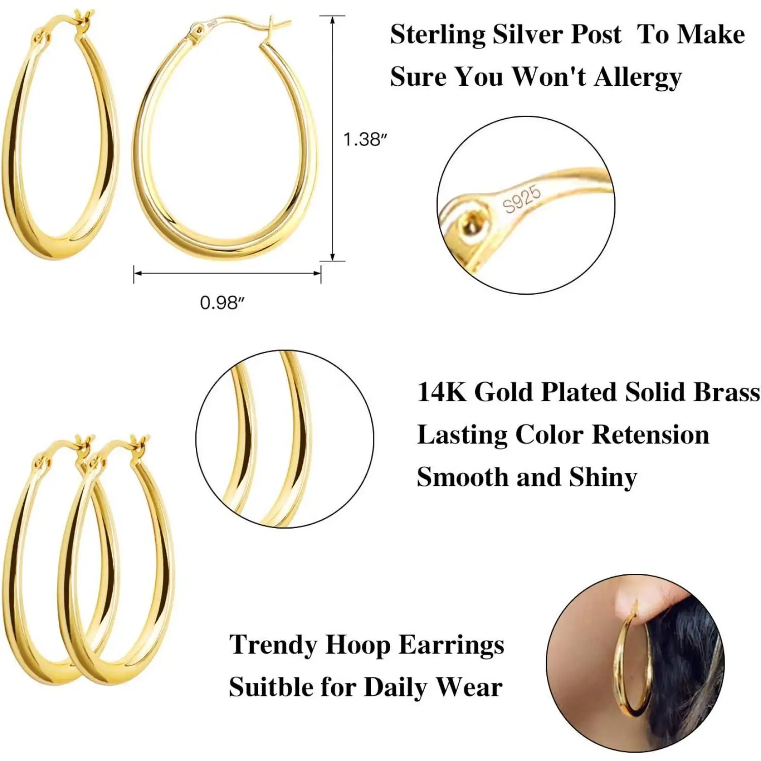 Fansliver S925 Sterling Silver Hoop Earrings Stylish 14K Gold Plated Teardrop for Women Vintage Hoop Earrings Cartilage Jewelry