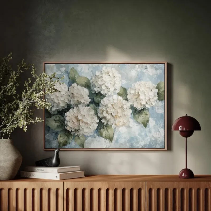 Romantyczny Kwiatowy Plakat z Białymi Hortensjami i Różami, Teksturowany, Botaniczny Obraz na Płótnie, Dekoracja Ścienna, Obrazy do Domu