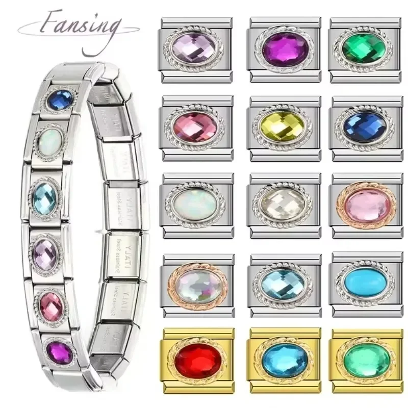 FANSING 2024 Fashion Colorful 12 Birthstones Italian Charm Links Fit 9mm Modular Stainless Steel Bracelet DIY Making Jewellry