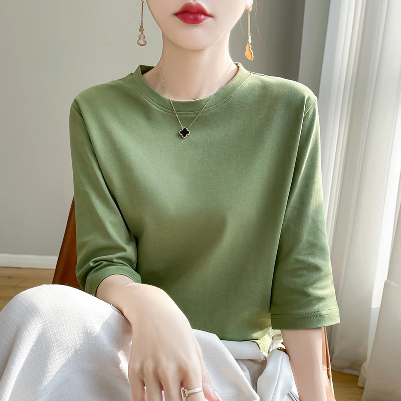 

Spring And Summer New White Mercerized Cotton Short Sleeve T-Shirt Feminine Joker Cotton Cropped Sleeve Bottoming Shirt