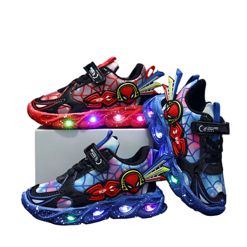 Disney cartoon boys Spider-Man cute Casual shoes with led light soft sports shoes for kids gift EU size 21-36