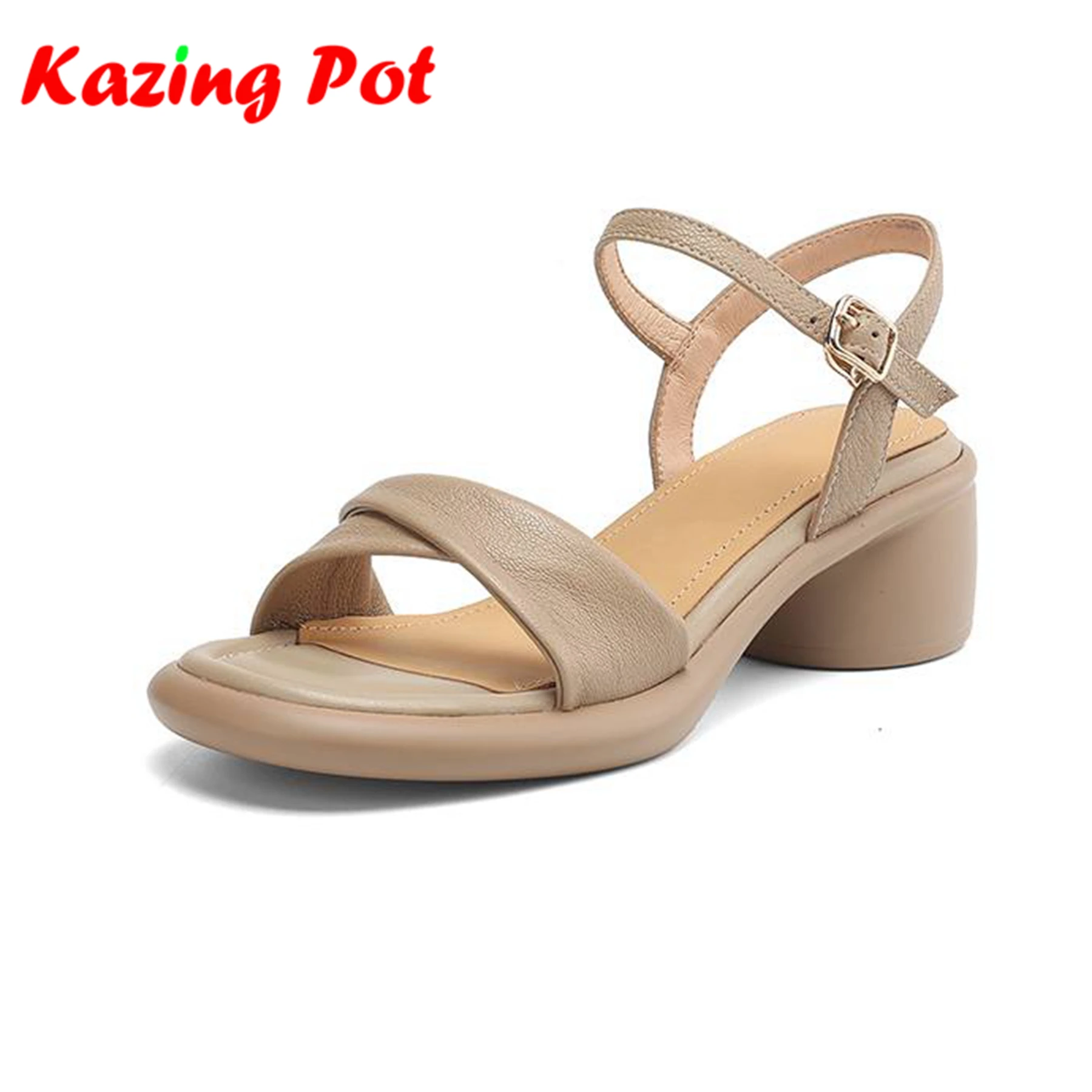 

Krazing Pot Vintage Sheepskin Peep Toe Med Heel Preppy Style Summer Shoes Big Size Office Lady Leisure Brand Noble Women Sandals