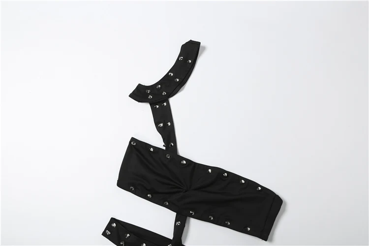 Sisterlinda Rivet Sexy Halter Romper für Damen, rückenfrei, ärmellos, unregelmäßig geschnitten, taillenlos, Sommer, sexy, eng anliegend, Club, Mitternacht, Playsuits – Detail 6