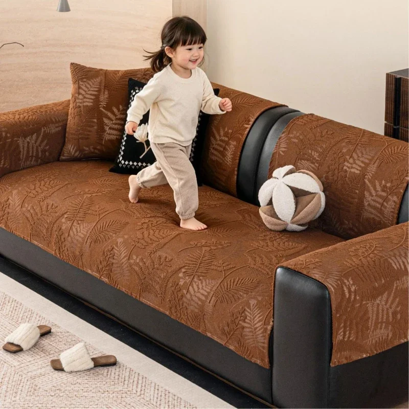 Botanical Leaf Jacquard Chenille Sofa Towel Fern Plant Textured Sofa Cover Non-slip Universal Couch Seat Mat Furniture Protector
