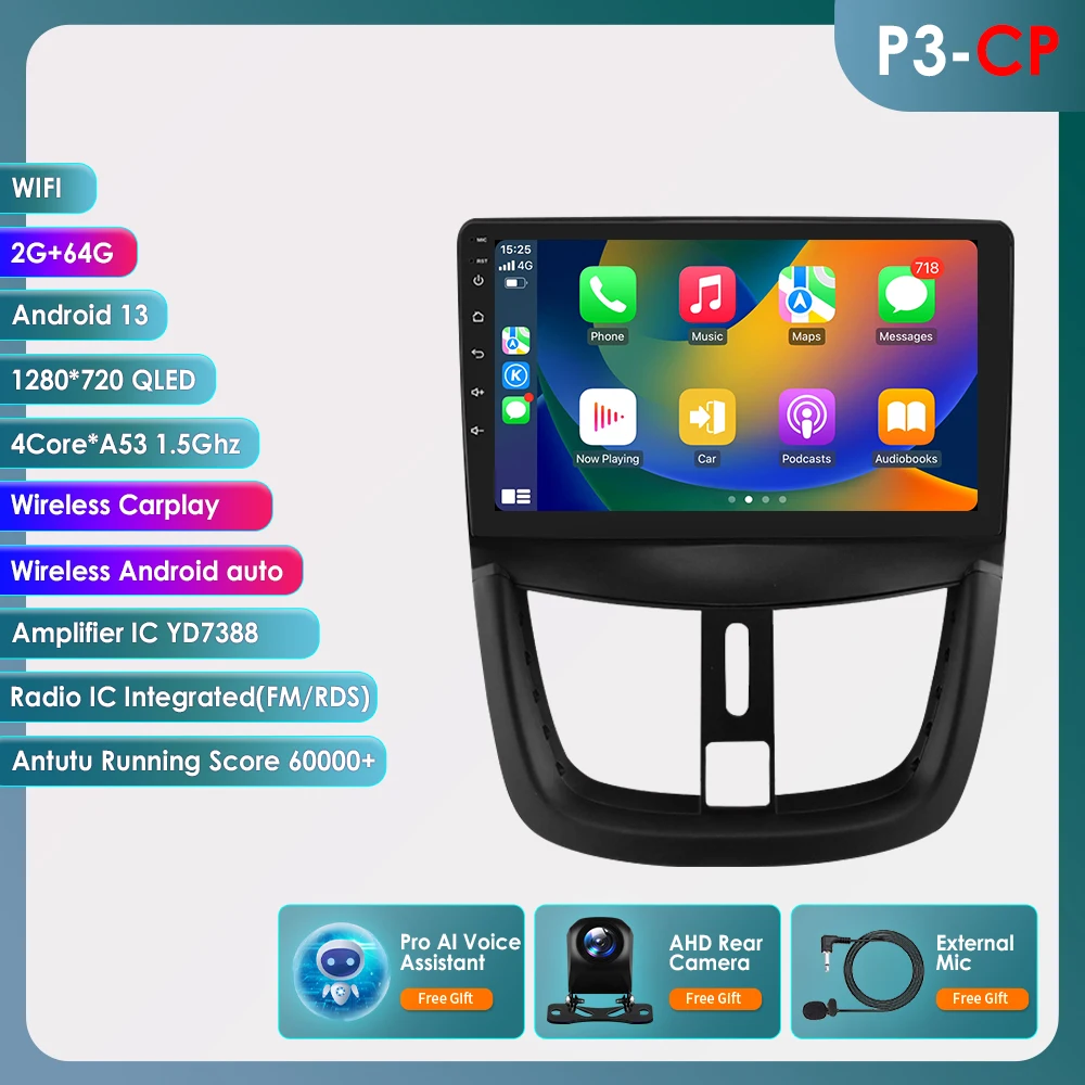 OSSURET 6115 Android Autoradio Speler voor Peugeot 207 207CC SW 2006-2015 draadloze Carplay Auto 2DIN 8 core Auto Multimedia 360 cam