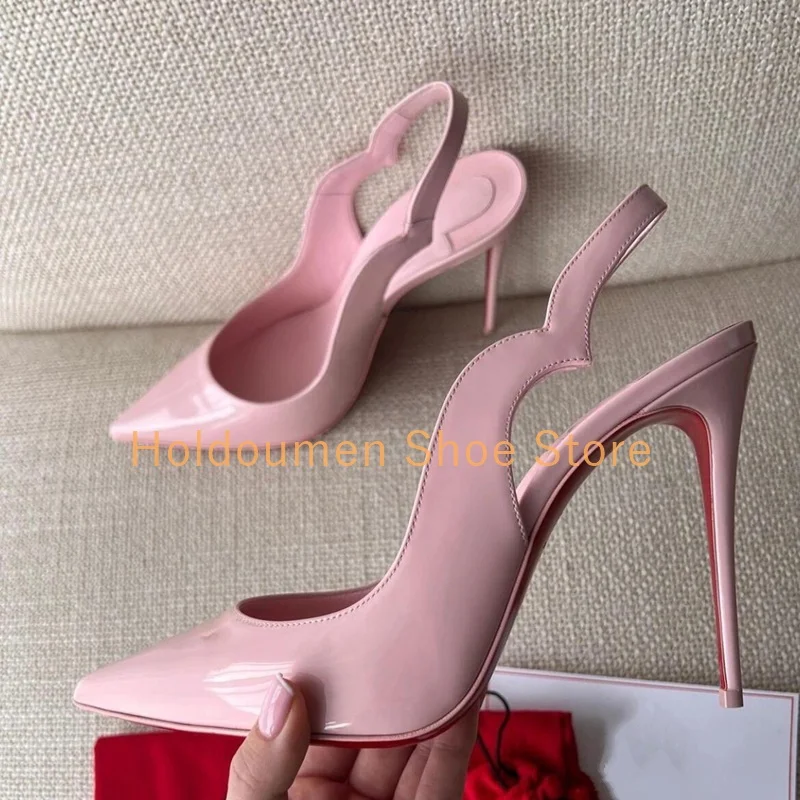 

Women's Patent Leather Wrapped Pointed Toe V-Shaped Notches Ankle Strap Design Sandals Sexy Slingback Back Strap Stiletto Sandal