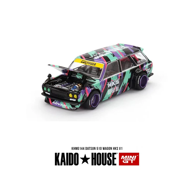 Vorverkauf minigt khmg144 1:64 datsun 510 Wagen hks v1 zu öffnende Haube Druckguss Auto Modell Kaido Haus