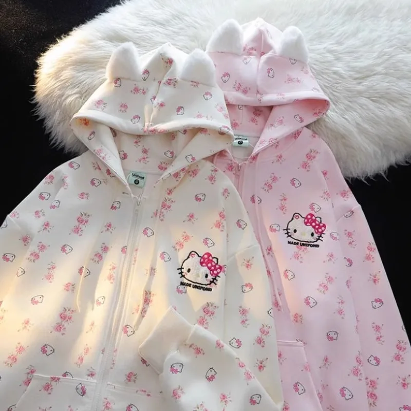 

Kawaii пальто «Hello Kitty», женская плюшевая новая детская толстовка с капюшоном, детский кардиган, одежда для девочек, свободная одежда для отдыха, праздничный подарок