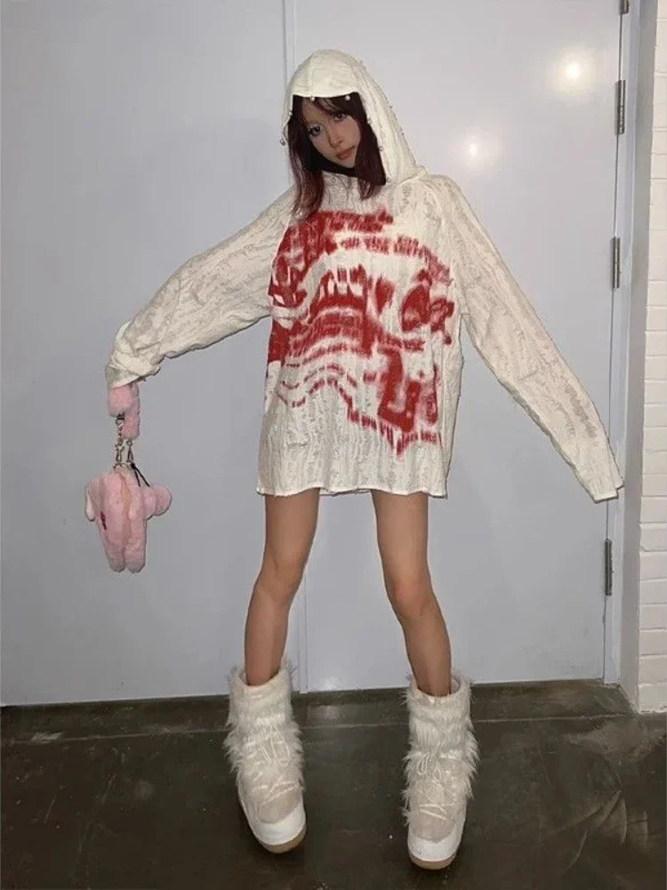 HOUZHOU Y2k Gothic Vintage Women Hoodies Harajuku Print Japanese Fashion Hooded Pullovers Loose Long Sleeve Grunge Streetwear